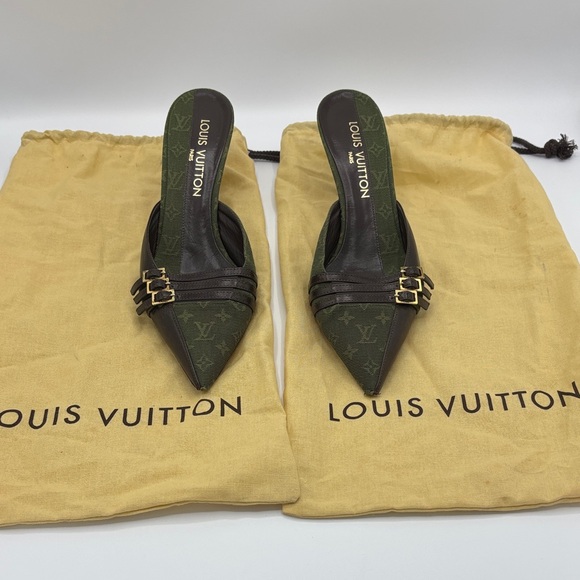 Louis Vuitton Shoes - Louis Vuitton 6am Olive Green Monogram Pointed Mule with Brown Straps - size 38